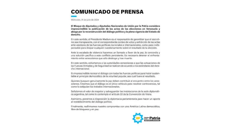 El comunicado del bloque de diputados nacional de Unin por la Patria respecto a Venezuela.