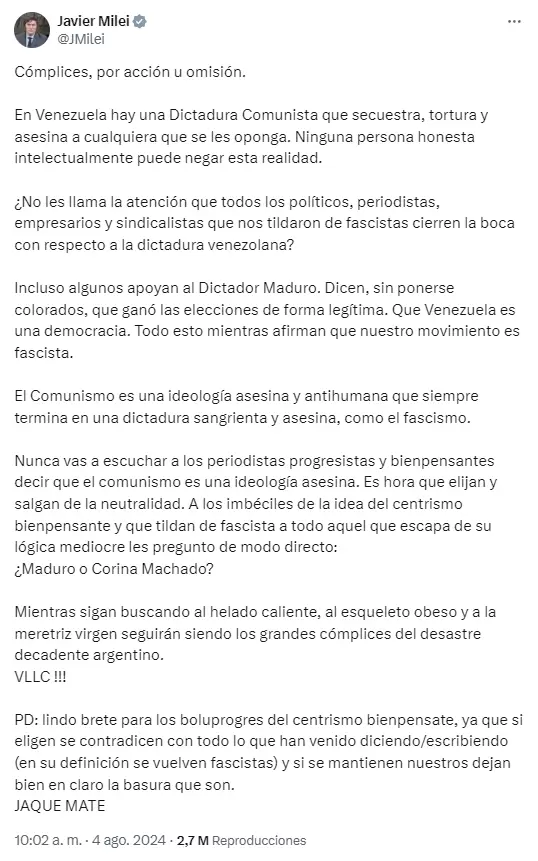 Javier Milei expres su rechazo al gobierno de Venezuela