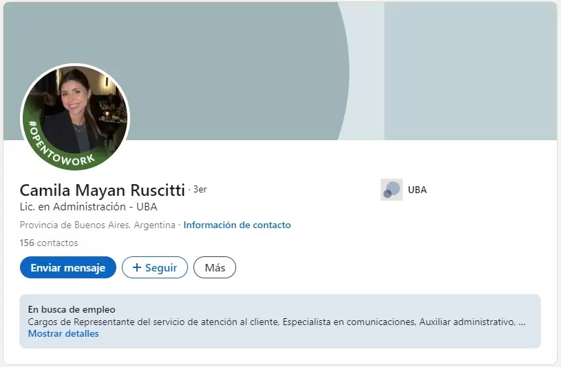 El perfil de Linkedin de Camila Mayan.