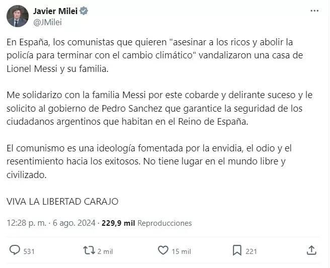 Javier Milei opin sobre el escrache a Lionel Messi