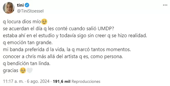 Tini Stoessel cont la emocin que le gener haber participado del nuevo single de Coldplay.