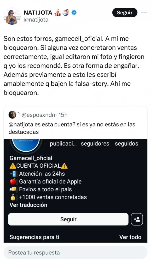 Nati Jota denuncia una estafa con inteligencia artificial