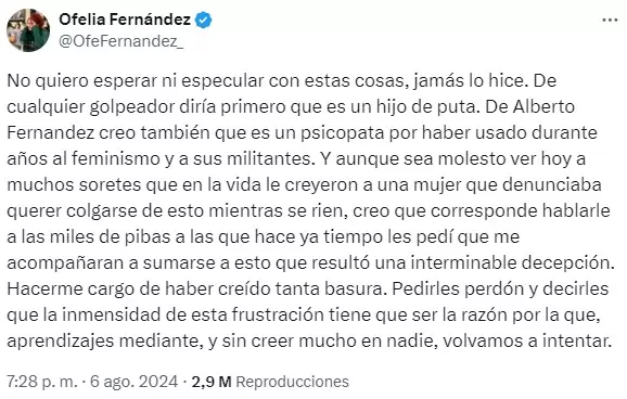 El descargo de Ofelia Fernndez ante la acusacin de violencia de gnero de Fabiola Yez ante Alberto Fernndez.