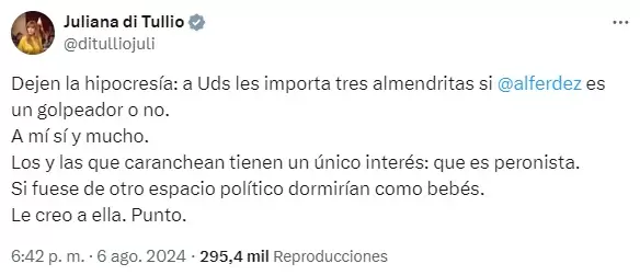 La diputada Juliana di Tullio se pronunci sobre la denuncia de Fabiola Yez contra Alberto Fernndez.