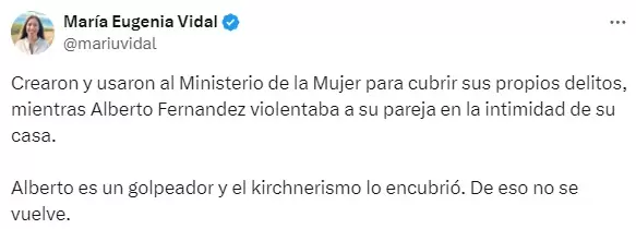 El posteo de Mara Eugenia Vidal sobre la denuncia de Fabiola Yez contra Alberto Fernndez.