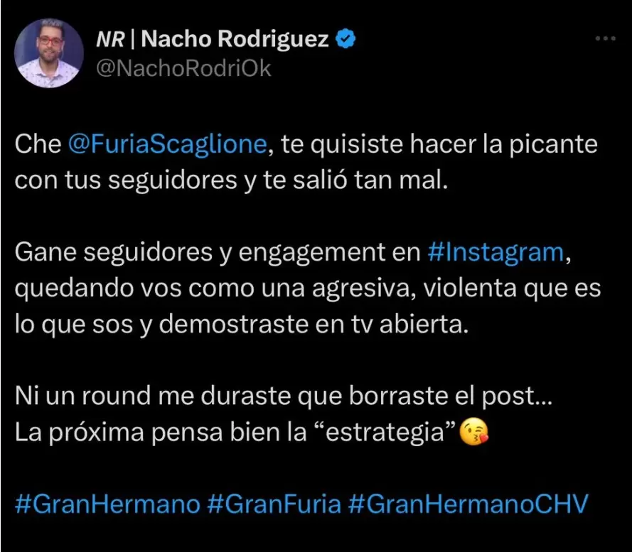 Las respuestas de Nacho Rodrguez al ataque de Juliana "Furia" Scaglione.