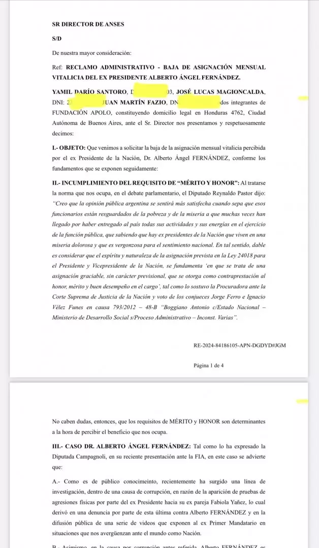 Solicitan  la baja de la asignacin mensual vitalicia percibida por el ex Presidente Alberto Fernndez.