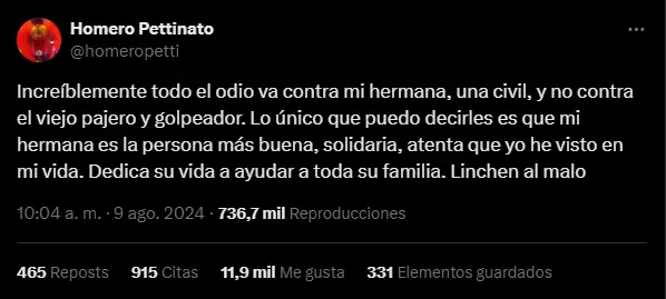 Homero Pettinato defiende a su hermana Tamara Pettinato