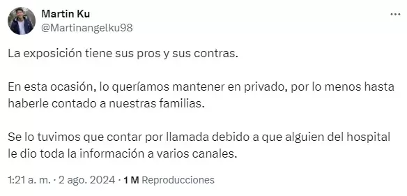 Los tuits de Martn "El Chino" Ku y el enojo por la filtracin del embarazo de su pareja Marisol, sin haber llegado a los tres meses.