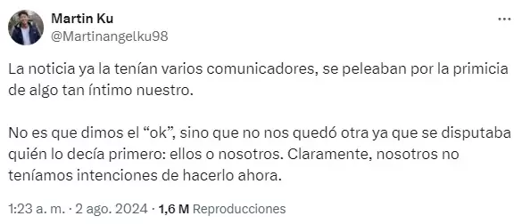 Los tuits de Martn "El Chino" Ku y el enojo por la filtracin del embarazo de su pareja Marisol, sin haber llegado a los tres meses.