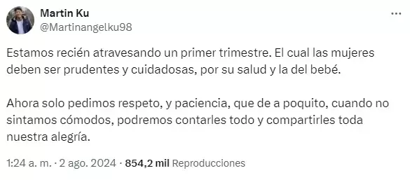 Los tuits de Martn "El Chino" Ku y el enojo por la filtracin del embarazo de su pareja Marisol, sin haber llegado a los tres meses.