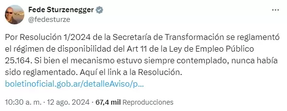 As anunci Sturzenegger en redes sociales que ahora dispondr de la totalidad de trabajadores estatales para correrlos de sus funciones.