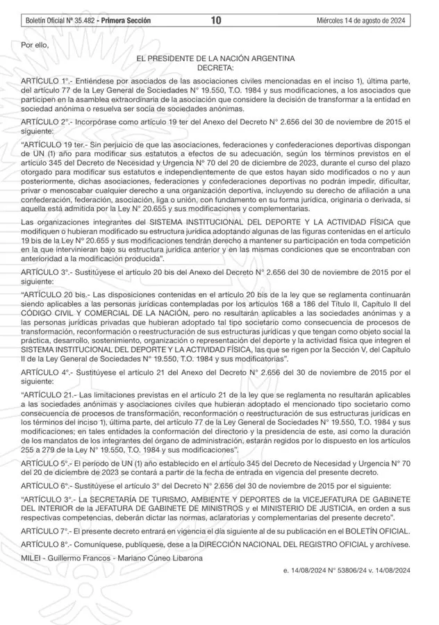 El Boletn Oficial en donde se public el decreto que reglamenta las SAD en el ftbol e intima a la AFA a que modifique su estatuto.