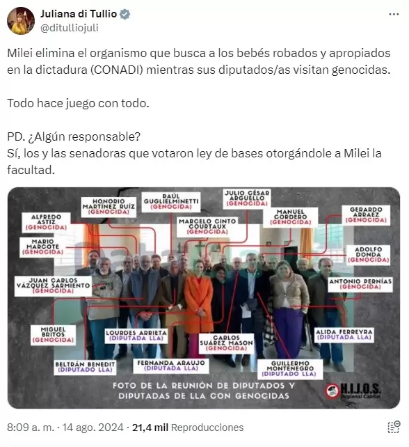 El tuit de la diputada nacional Juliana di Tullio sobre el cierre de la CONADI.