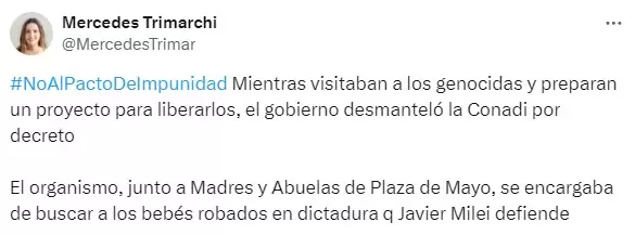 El tuit de la legisladora portea Mercedes Trimarchi sobre el cierre de la CONADI.