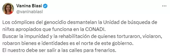 El tuit de la diputada nacional Vanina Biasi sobre el cierre de la CONADI.