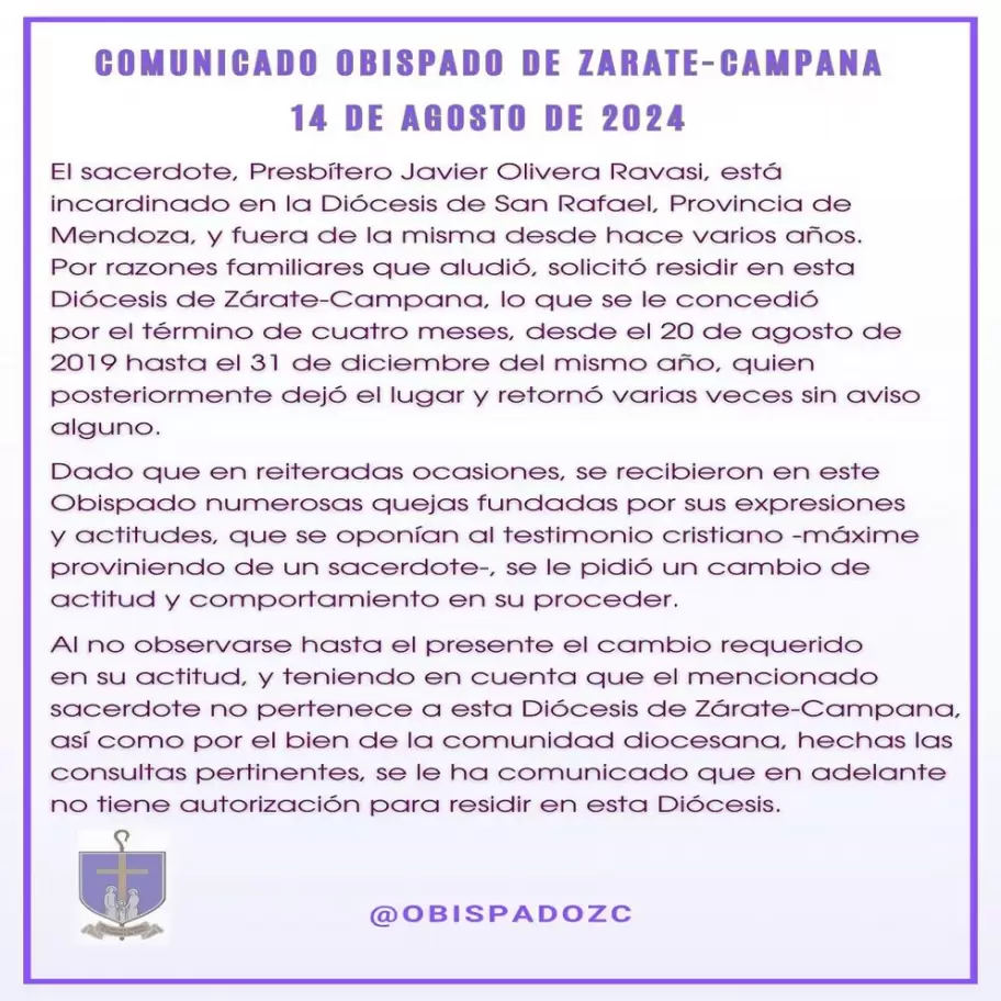 El comunicado del Obispado de Zrate-Campana