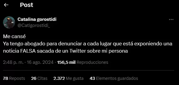 Cata Gorostidi enojada en Twitter