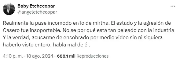 El tuit de Baby Etchecopar acerca de la incomodidad que pas junto a Alfredo Casero en la mesa de Mirtha Legrand.