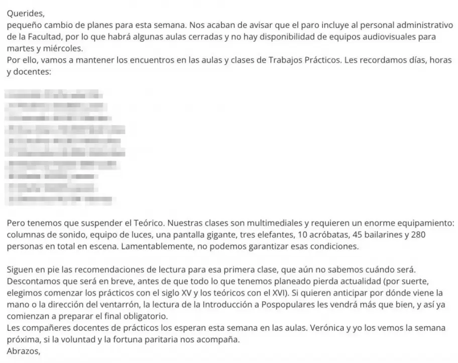 Mail de una alumna de Faculta de Sociales (UBA) sobre el paro del martes 20 y mircoles 21 de agosto