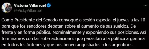 El tuit de Victoria Villarruel sobre la convocatoria a que se discutan los aumentos de sueldos de los senadores.