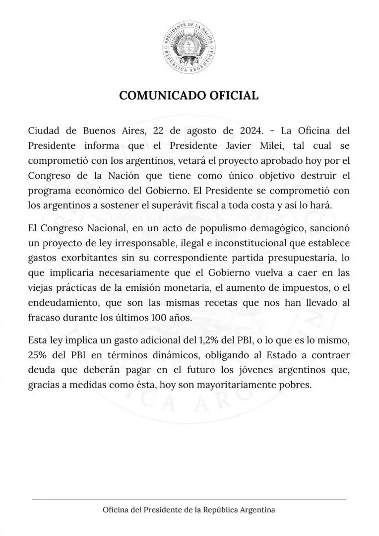 El Gobierno confirm que vetar el proyecto de ley que aumenta las jubilaciones en un 8,1 por ciento