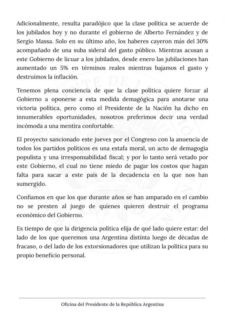 El Gobierno confirm que vetar el proyecto de ley que aumenta las jubilaciones en un 8,1 por ciento