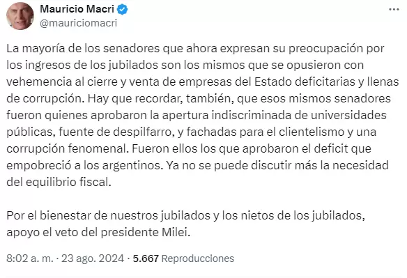 El respaldo de Macri a Milei por el veto a las jubilaciones