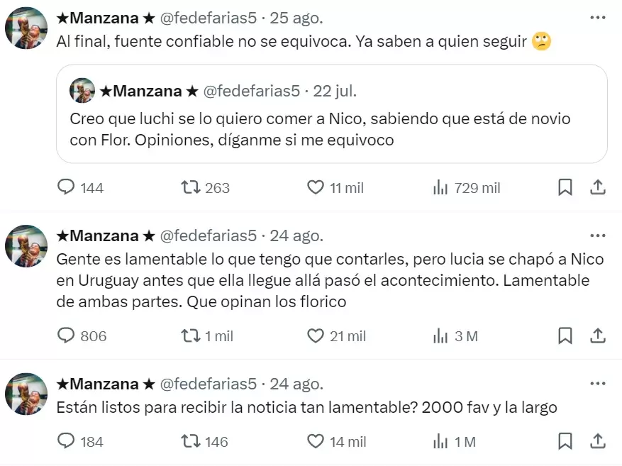 Manzana y la serie de tuits en las que revel la infidelidad que sufri Flor Regidor por parte de Nicols Grosman y Luca Maidana.