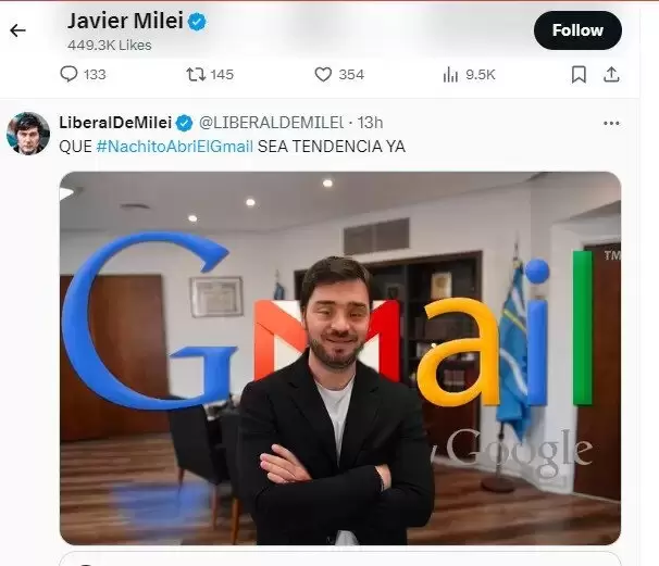 Javier Milei se burl del gobernador de Chubut con un edit de su rostro