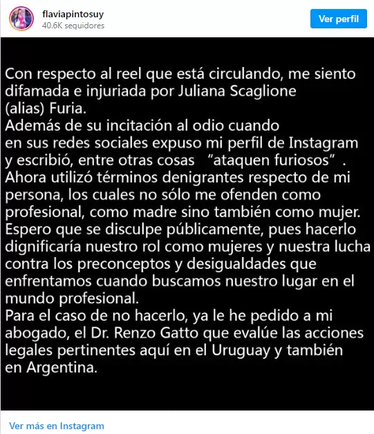 Descargo de la periodista uruguaya, quien fue atacada por Juliana "Furia" Scaglione