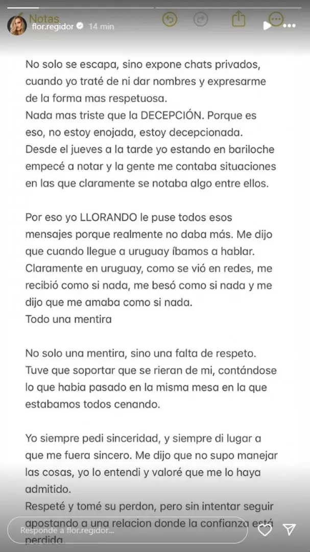 Florencia Regidor habl de "decepcin" tras la salida de Nicols Grosman a desmentir que estaban en pareja.