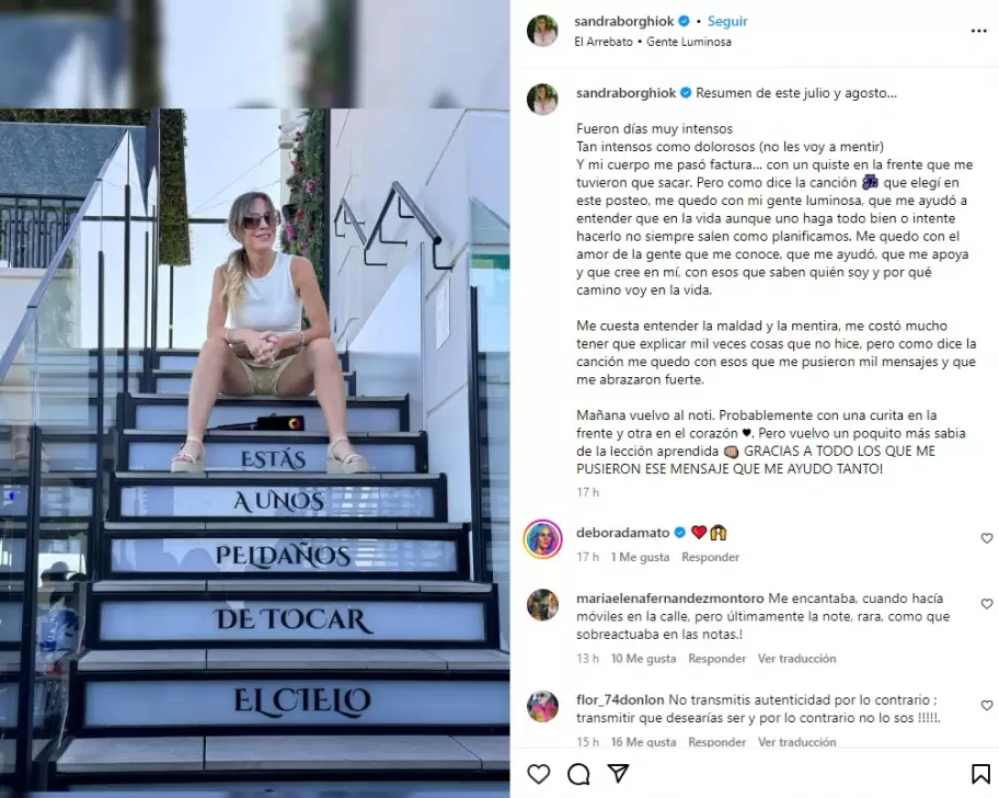 Sandra Borghi y la publicacin donde agradece el apoyo de su gente, tras el escndalo de los viticos en Grupo Clarn.