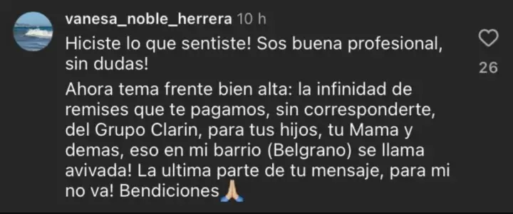 El posteo de Vanesa Herrera de Noble en el cual le hace un cuestionamiento a Sandra Borghi.