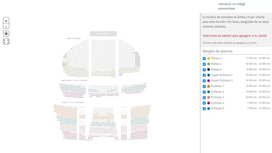 Sectores disponibles para el concierto de Bautista Mascia