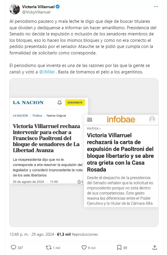 Tweet de Victoria Villarruel tras el anuncio de Infobae