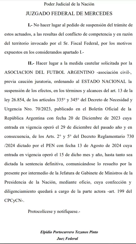 El fallo del Juzgado Federal de Mercedes que respald el amparo presentado por la AFA para no modificar el estatuto y permitir las SAD.