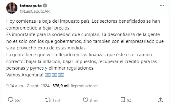 El tweet de Luis Caputo