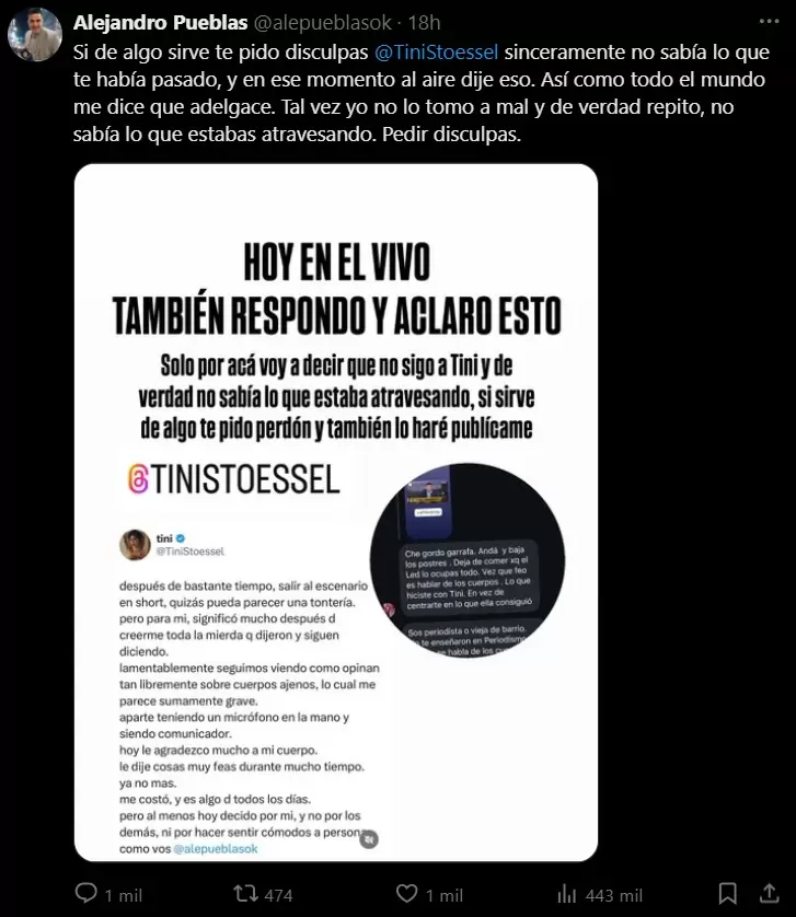 Alejandro Puebla y su pedido de disculpas a Tini Stoessel tras hablar burlonamente de su cuerpo.