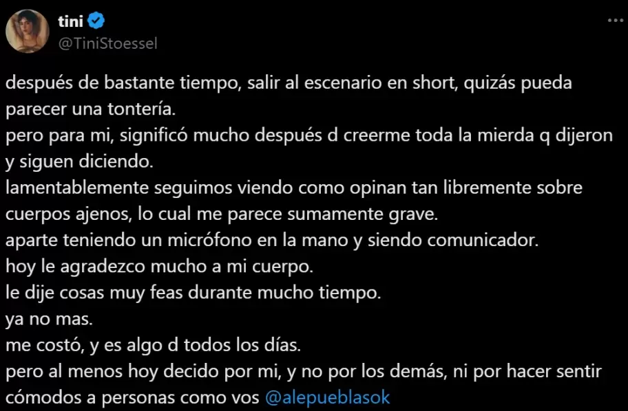 El tuit de Tini en el que liquid al periodista Alejandro Puebla, quien se haba burlado de su fsico.