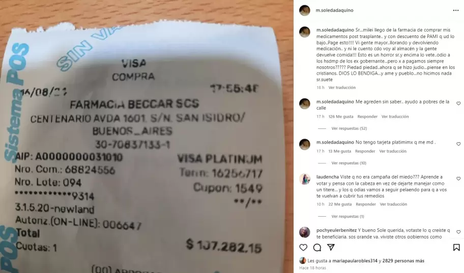 La furiosa publicacin de Soledad Aquino contra Javier Milei y el ajuste a los medicamentos.