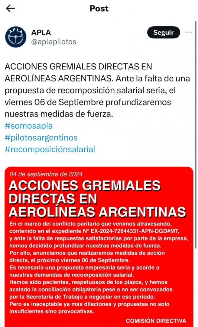 Comunicado de Asociacin de Pilotos de Lneas Areas (APLA)