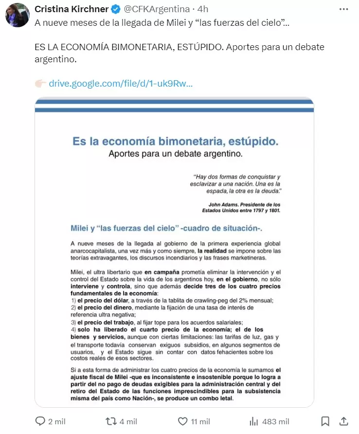 El posteo de Cristina Fernndez de Kirchner en donde subi su nuevo documento: "Es la economa bimonetaria, estpido".