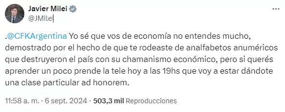 La respuesta de Javier Milei a CFK