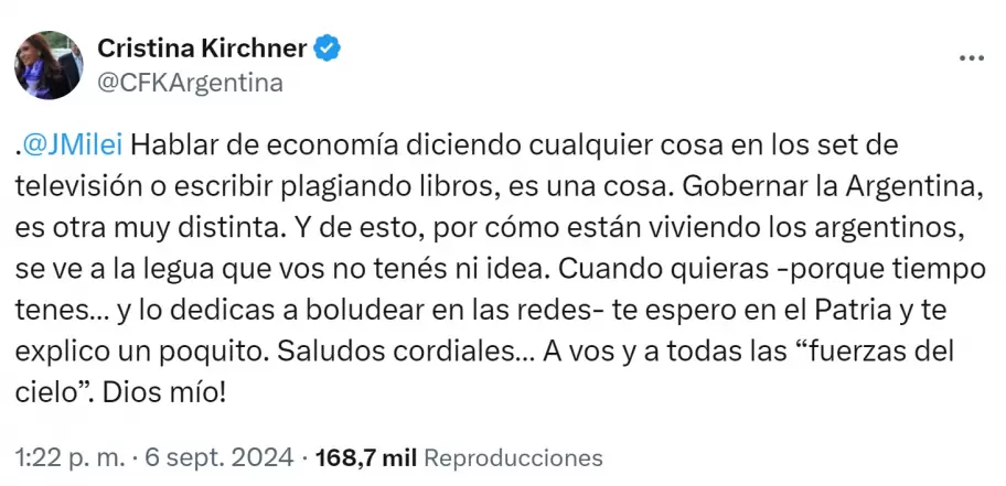 Cristina Fernndez de Kirchner le peg a Javier Milei donde ms le duele: los plagios, la realidad econmica y su tiempo perdido en las redes sociales