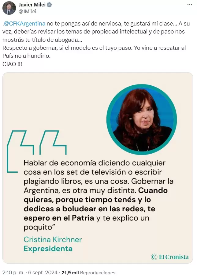 La respuesta de Javier Milei al cruce que tuvo con Cristina Fernndez de Kirchner.