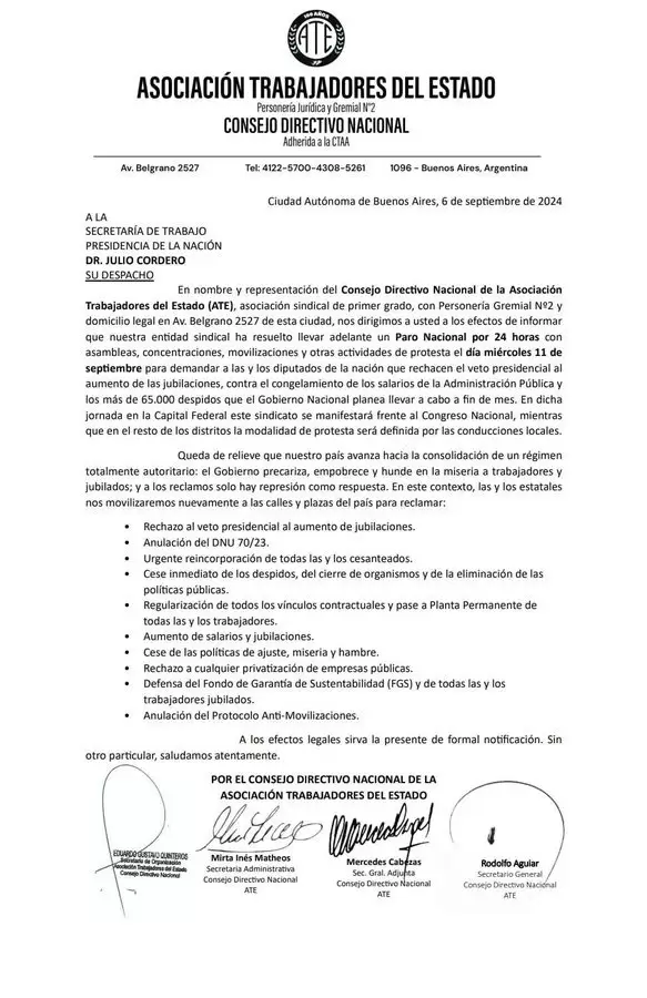 Comunciado de ATE ante el paro del 11 de septiembre