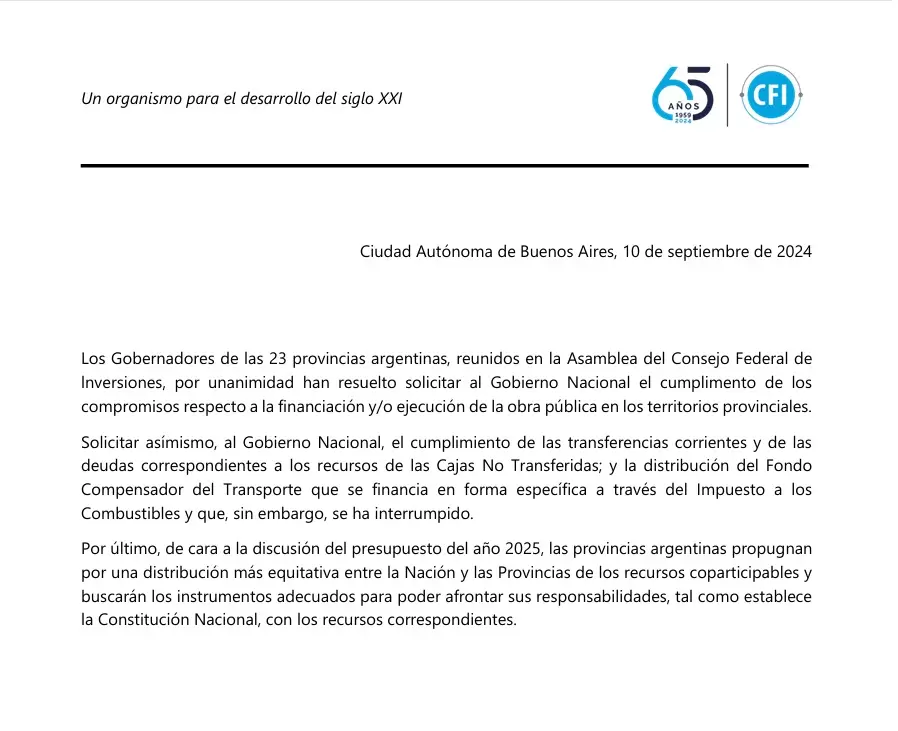 El comunicado de la Asamblea del Consejo Federal de Inversiones