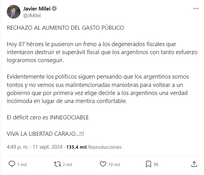 El posteo de Javier Milei