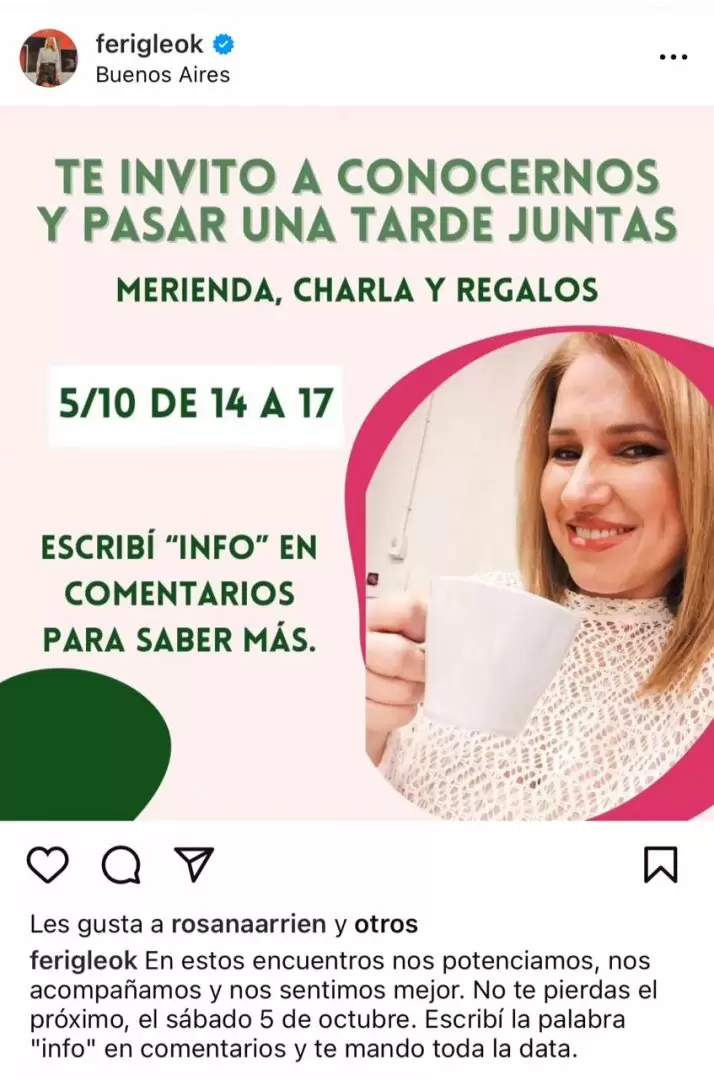 Fernanda Iglesias invita a sus seguidoras mujeres a pasar una tarde juntas